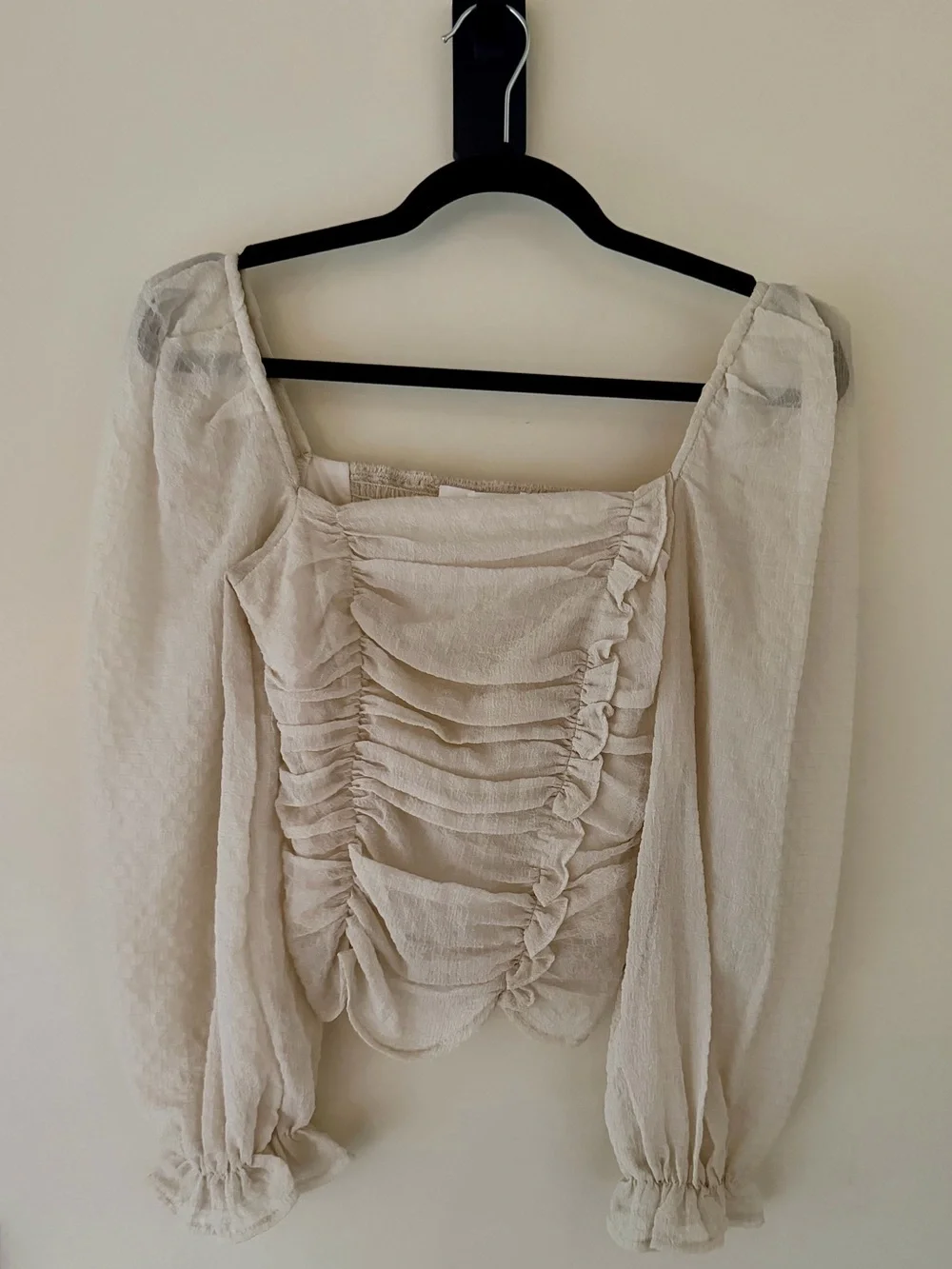 ASTR The Label Tonina Ruched Blouse Cream XS Puff Sleeve Square Neck Top
